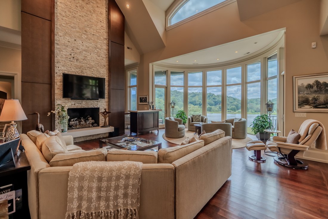 Stone fireplace running the full height of the gable