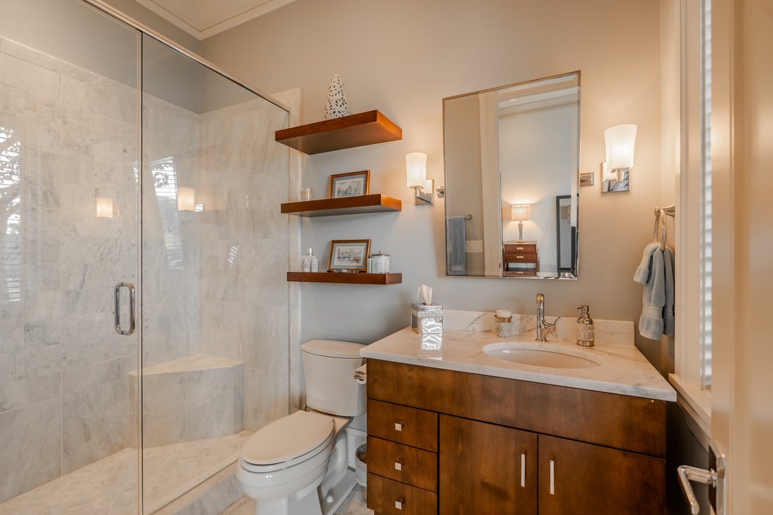 Primary bath with floating shelves